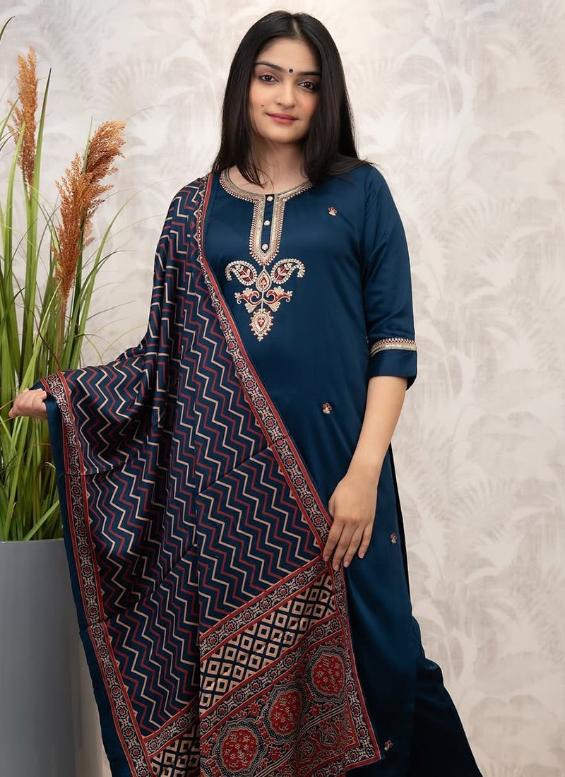 Vellora Viscose Chanderi Navy Blue Casual Wear Embroidery Work Readymade Salwar Suit