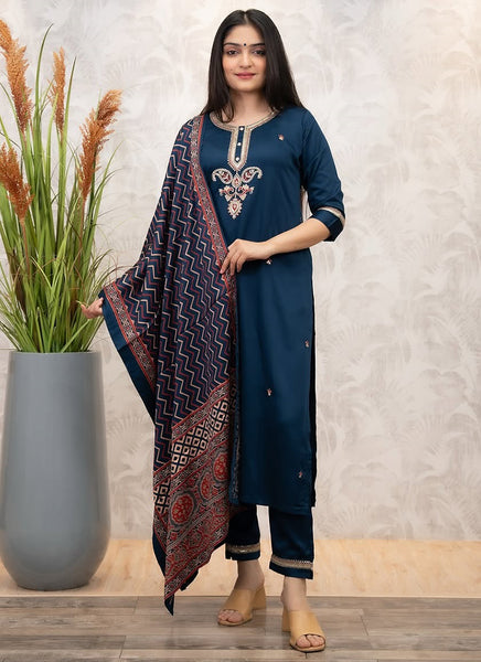 Vellora Viscose Chanderi Navy Blue Casual Wear Embroidery Work Readymade Salwar Suit