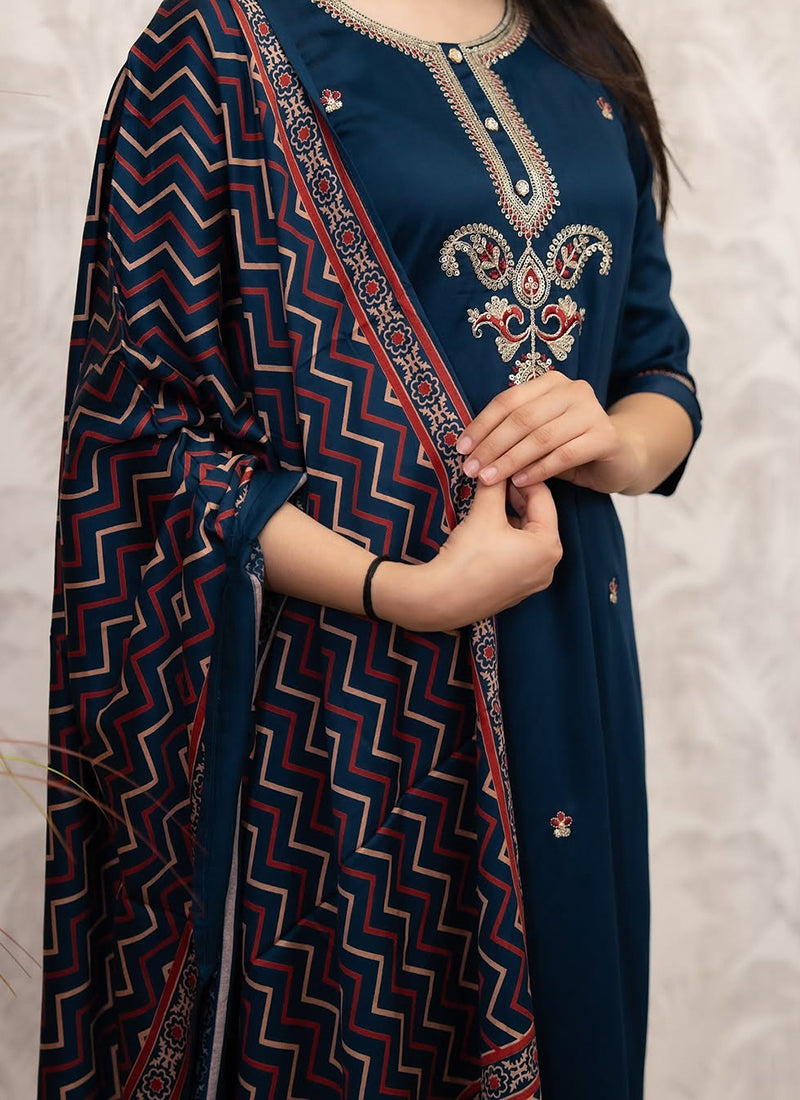 Vellora Viscose Chanderi Navy Blue Casual Wear Embroidery Work Readymade Salwar Suit
