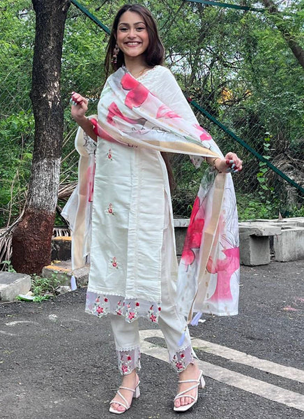 Vellora Viscose Chanderi White Casual Wear Embroidery Work Readymade Salwar Suit