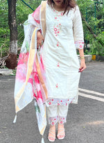 Thumbnail for Vellora Viscose Chanderi White Casual Wear Embroidery Work Readymade Salwar Suit