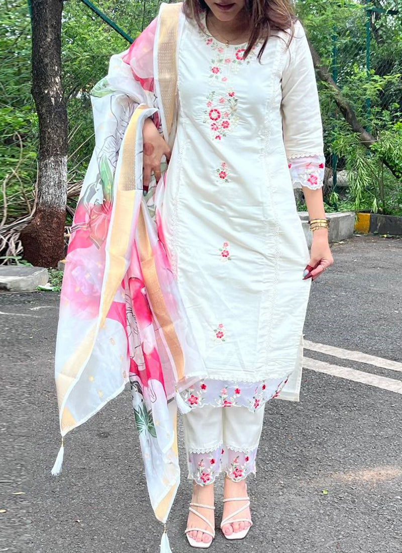 Vellora Viscose Chanderi White Casual Wear Embroidery Work Readymade Salwar Suit