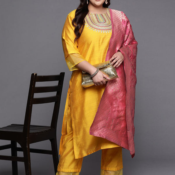 Sztori Plus Size Ethnic Motifs Embroidered Regular Kurta & Palazzos With Dupatta - Distacart
