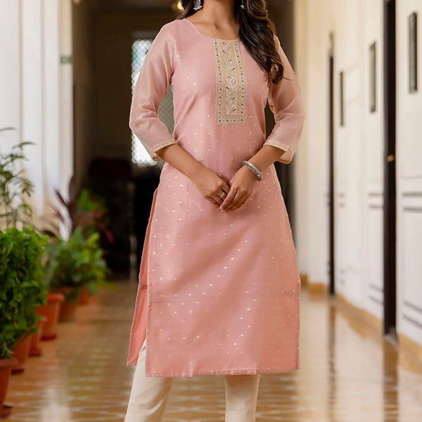Vellora Shimmer Silk Baby Pink Casual Wear Embroidery Work Readymade Kurti - Distacart