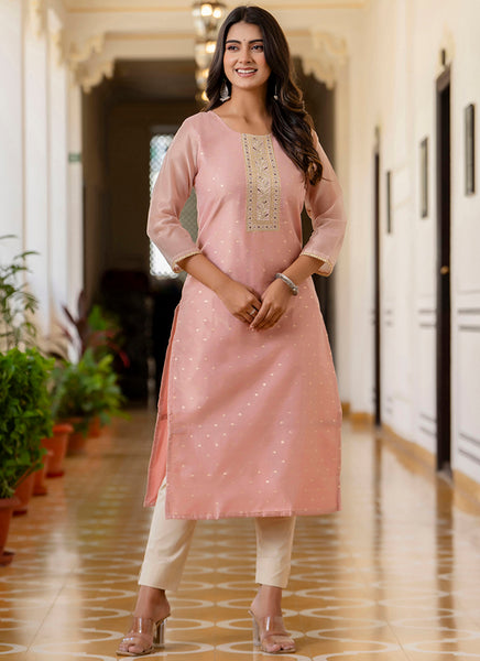 Vellora Shimmer Silk Baby Pink Casual Wear Embroidery Work Readymade Kurti