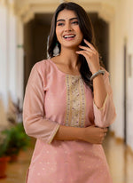 Thumbnail for Vellora Shimmer Silk Baby Pink Casual Wear Embroidery Work Readymade Kurti