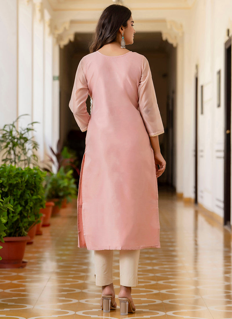 Vellora Shimmer Silk Baby Pink Casual Wear Embroidery Work Readymade Kurti