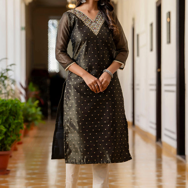 Vellora Shimmer Silk Black Casual Wear Embroidery Work Readymade Kurti