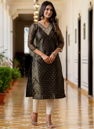 Vellora Shimmer Silk Black Casual Wear Embroidery Work Readymade Kurti