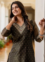 Thumbnail for Vellora Shimmer Silk Black Casual Wear Embroidery Work Readymade Kurti