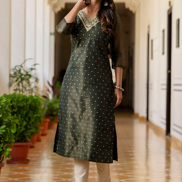 Vellora Shimmer Silk Bottle Green Casual Wear Embroidery Work Readymade Kurti - Distacart