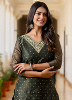 Thumbnail for Vellora Shimmer Silk Bottle Green Casual Wear Embroidery Work Readymade Kurti