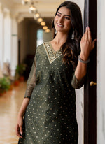 Thumbnail for Vellora Shimmer Silk Bottle Green Casual Wear Embroidery Work Readymade Kurti