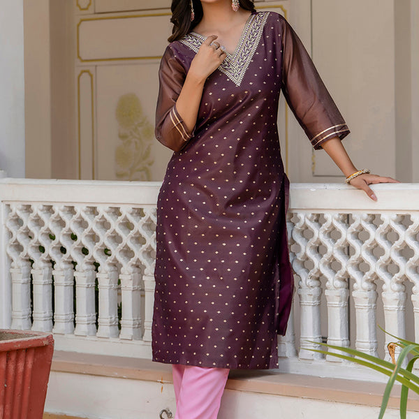 Vellora Shimmer Silk Purple Casual Wear Embroidery Work Readymade Kurti - Distacart