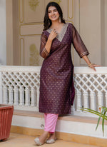 Thumbnail for Vellora Shimmer Silk Purple Casual Wear Embroidery Work Readymade Kurti