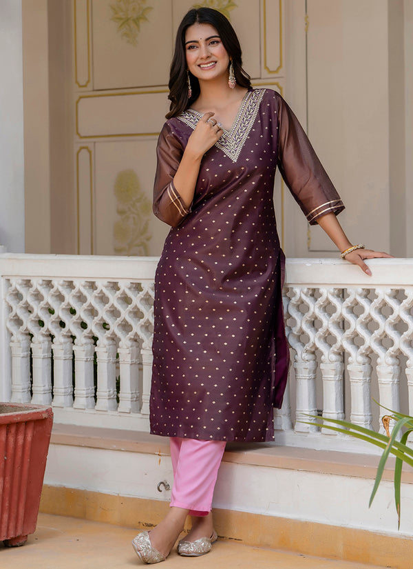 Vellora Shimmer Silk Purple Casual Wear Embroidery Work Readymade Kurti