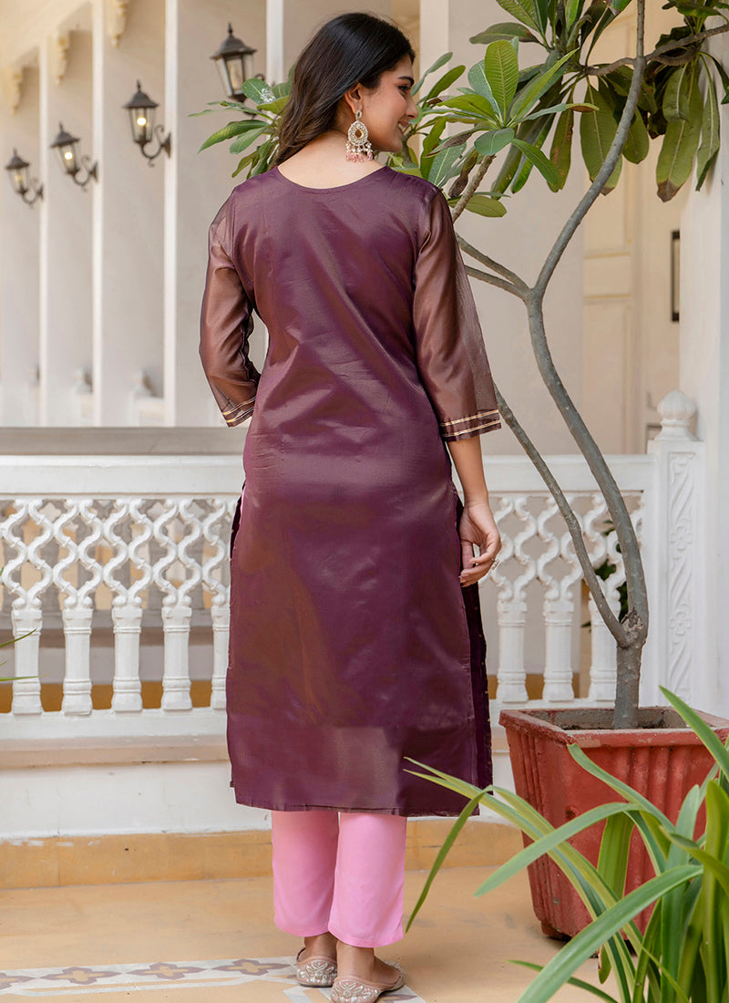 Vellora Shimmer Silk Purple Casual Wear Embroidery Work Readymade Kurti