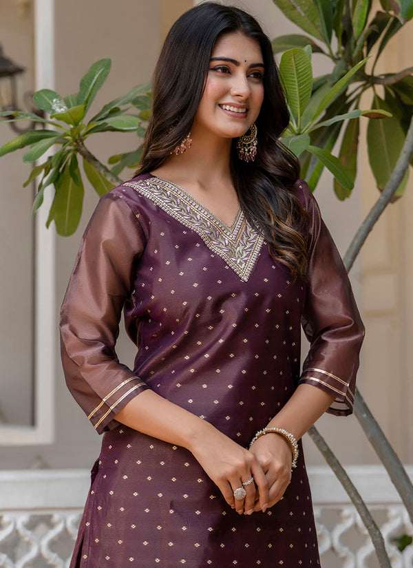 Vellora Shimmer Silk Purple Casual Wear Embroidery Work Readymade Kurti