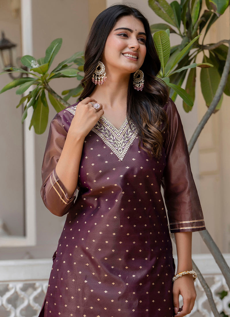 Vellora Shimmer Silk Purple Casual Wear Embroidery Work Readymade Kurti
