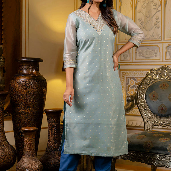 Vellora Shimmer Silk Sky Blue Casual Wear Embroidery Work Readymade Kurti - Distacart
