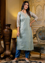 Thumbnail for Vellora Shimmer Silk Sky Blue Casual Wear Embroidery Work Readymade Kurti