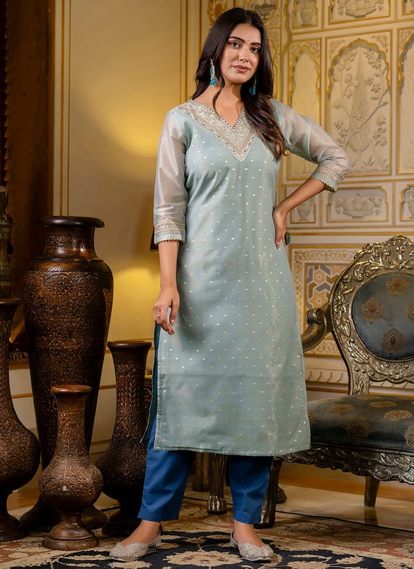 Vellora Shimmer Silk Sky Blue Casual Wear Embroidery Work Readymade Kurti