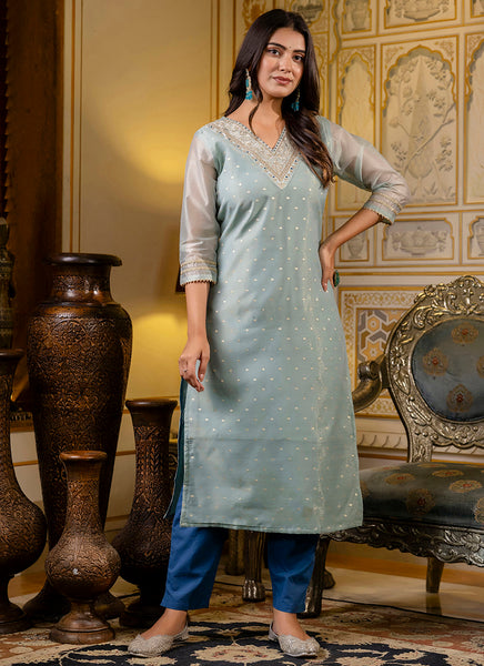 Vellora Shimmer Silk Sky Blue Casual Wear Embroidery Work Readymade Kurti