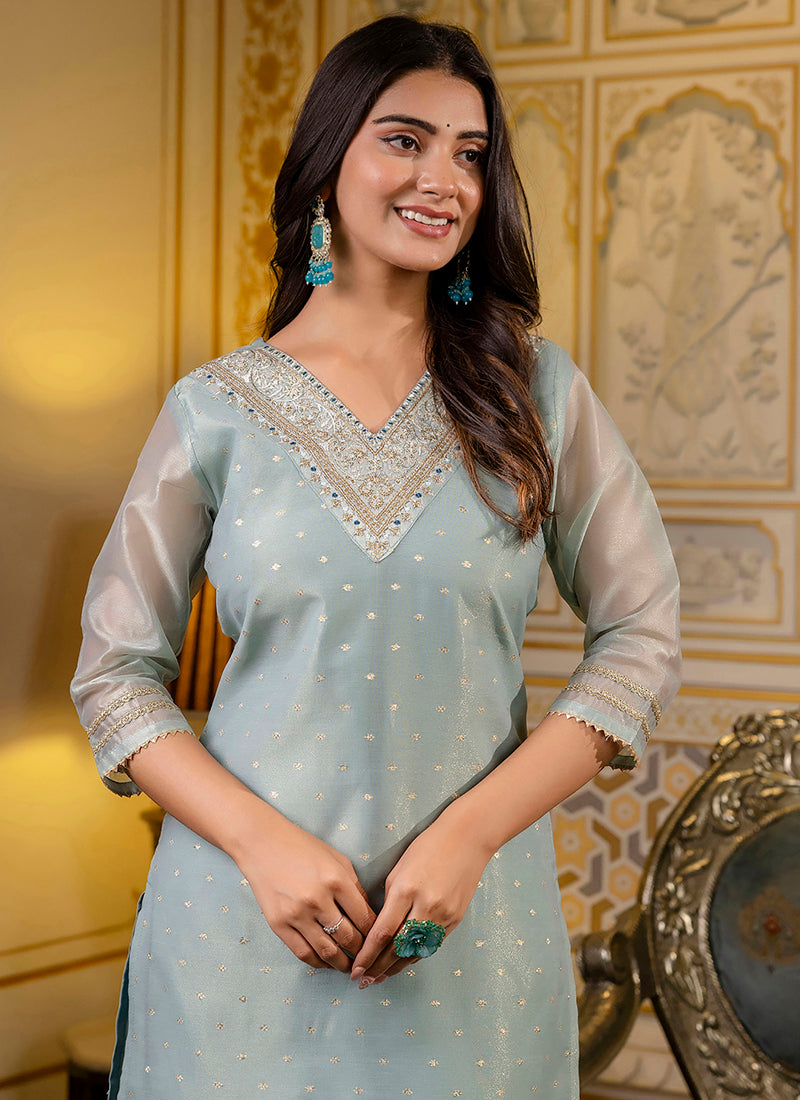 Vellora Shimmer Silk Sky Blue Casual Wear Embroidery Work Readymade Kurti