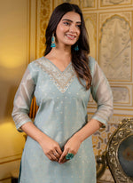 Thumbnail for Vellora Shimmer Silk Sky Blue Casual Wear Embroidery Work Readymade Kurti