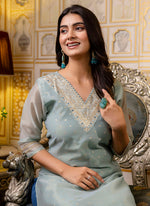 Thumbnail for Vellora Shimmer Silk Sky Blue Casual Wear Embroidery Work Readymade Kurti