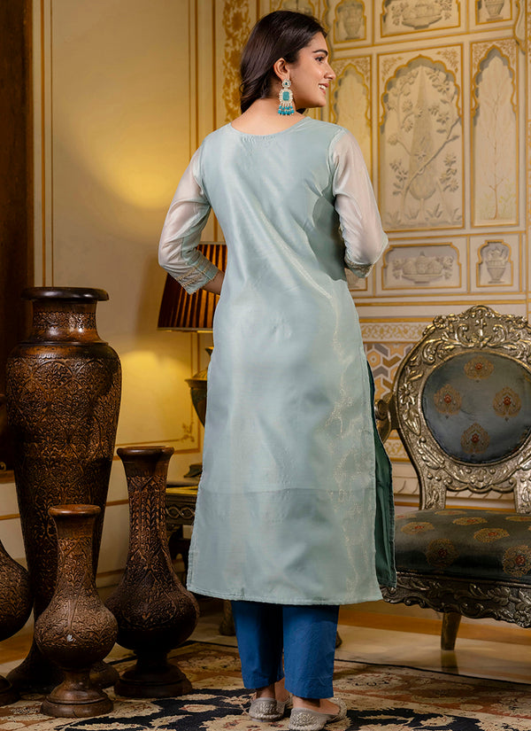 Vellora Shimmer Silk Sky Blue Casual Wear Embroidery Work Readymade Kurti