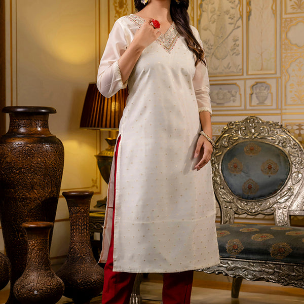 Vellora Shimmer Silk White Casual Wear Embroidery Work Readymade Kurti