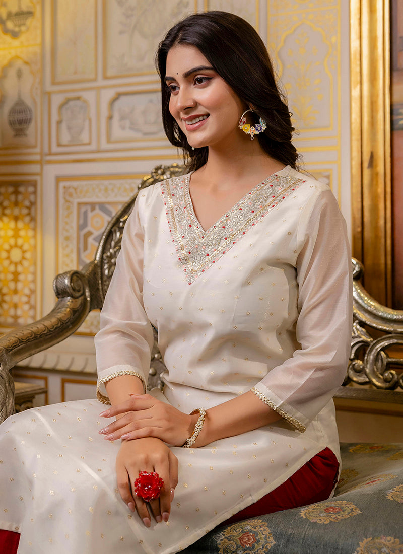 Vellora Shimmer Silk White Casual Wear Embroidery Work Readymade Kurti