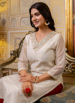 Thumbnail for Vellora Shimmer Silk White Casual Wear Embroidery Work Readymade Kurti