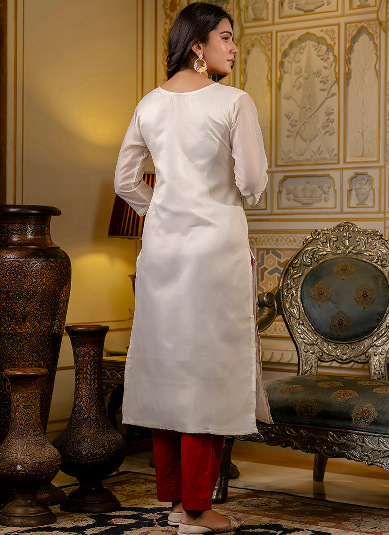 Vellora Shimmer Silk White Casual Wear Embroidery Work Readymade Kurti