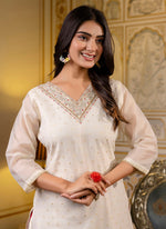 Thumbnail for Vellora Shimmer Silk White Casual Wear Embroidery Work Readymade Kurti