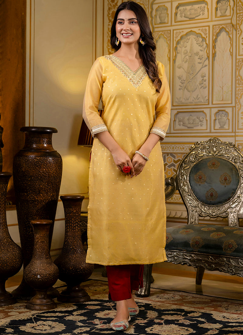 Vellora Shimmer Silk Yellow Casual Wear Embroidery Work Readymade Kurti