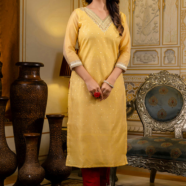 Vellora Shimmer Silk Yellow Casual Wear Embroidery Work Readymade Kurti - Distacart