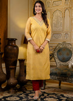 Thumbnail for Vellora Shimmer Silk Yellow Casual Wear Embroidery Work Readymade Kurti