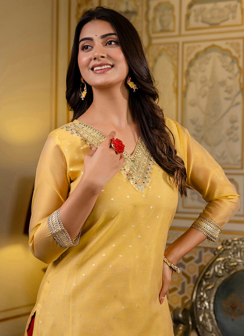 Vellora Shimmer Silk Yellow Casual Wear Embroidery Work Readymade Kurti