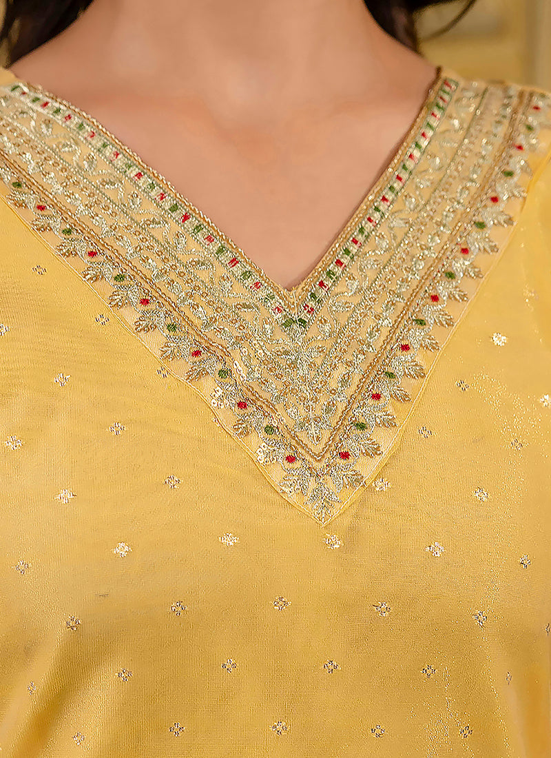 Vellora Shimmer Silk Yellow Casual Wear Embroidery Work Readymade Kurti