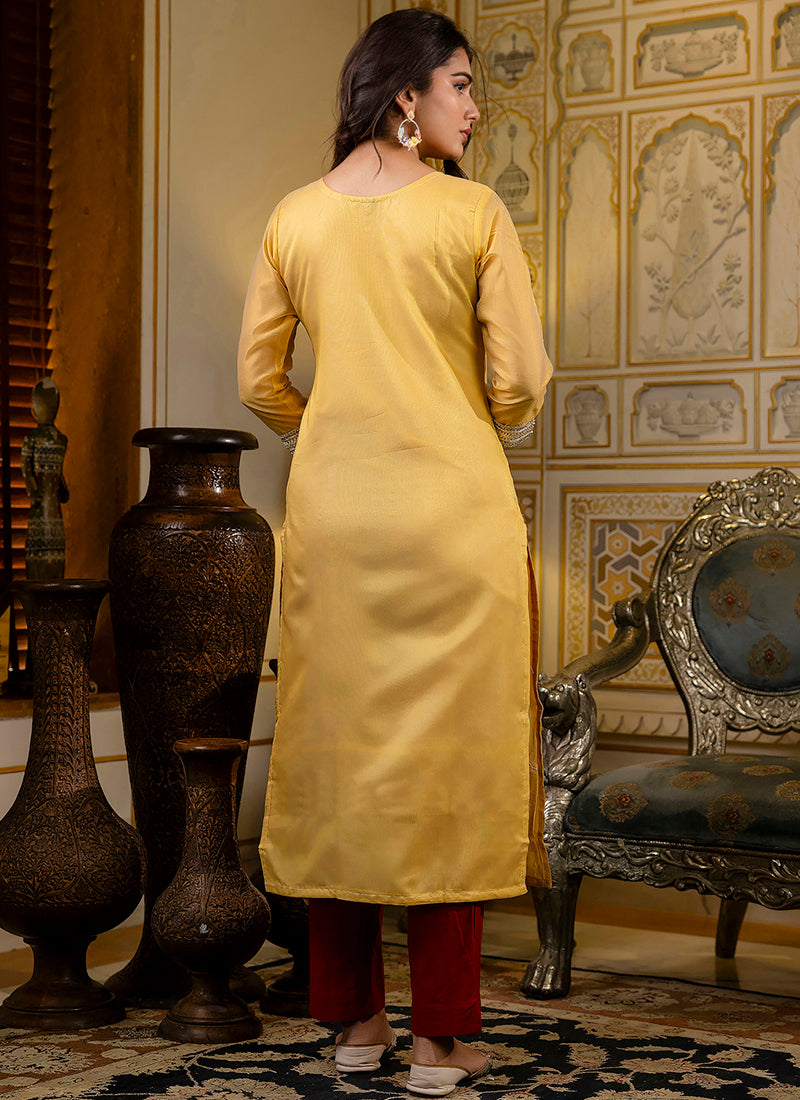 Vellora Shimmer Silk Yellow Casual Wear Embroidery Work Readymade Kurti