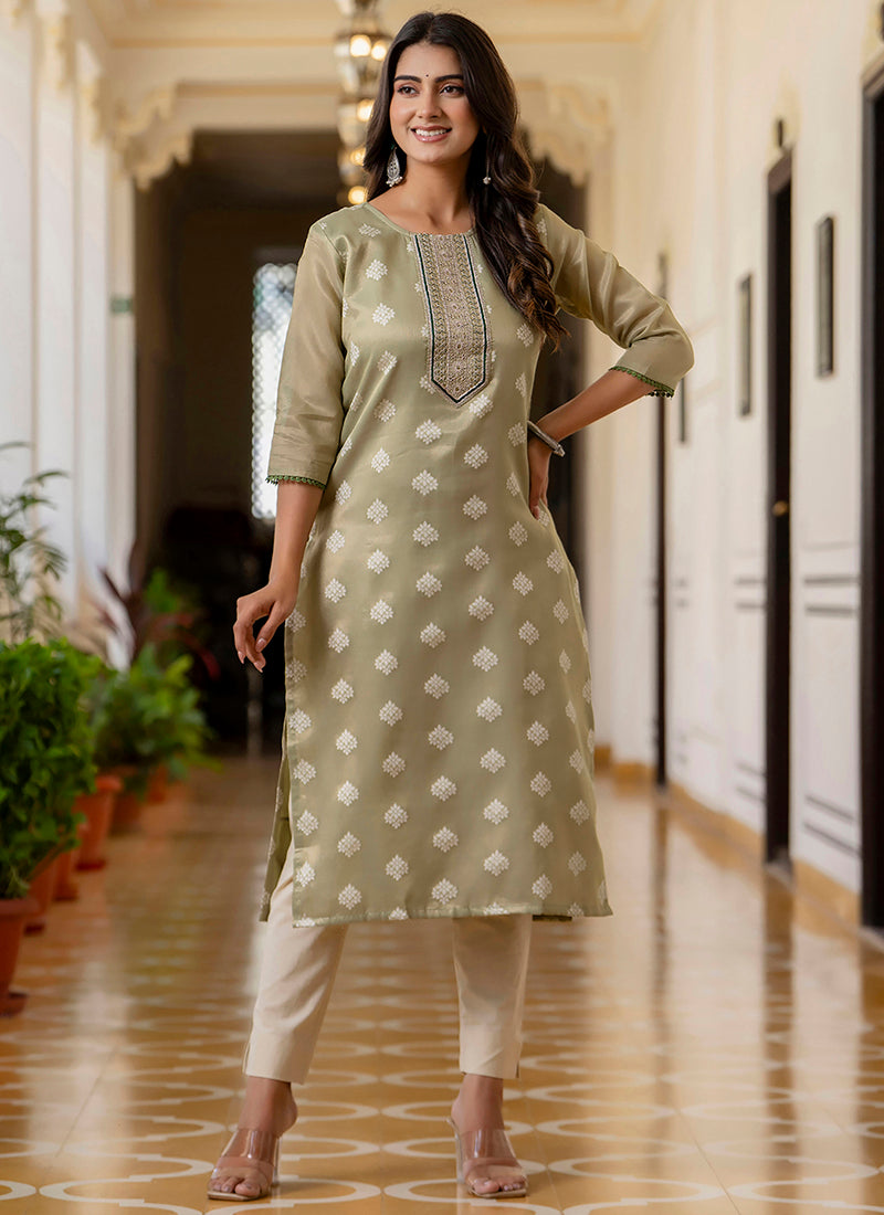 Vellora Shimmer Silk Sage Green Casual Wear Embroidery Work Readymade Kurti