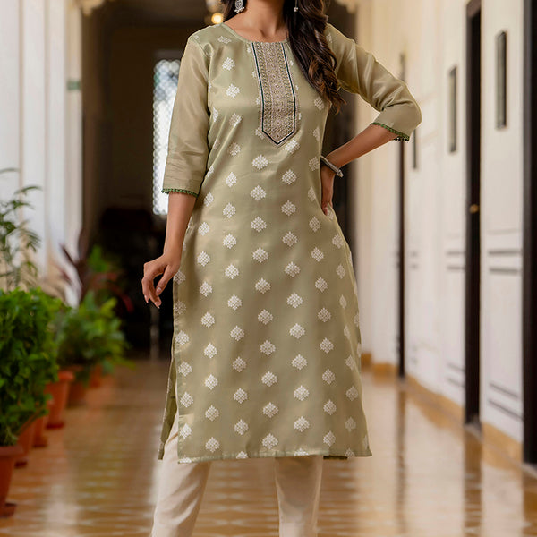 Vellora Shimmer Silk Sage Green Casual Wear Embroidery Work Readymade Kurti - Distacart