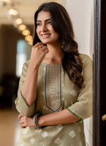 Thumbnail for Vellora Shimmer Silk Sage Green Casual Wear Embroidery Work Readymade Kurti