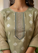 Thumbnail for Vellora Shimmer Silk Sage Green Casual Wear Embroidery Work Readymade Kurti