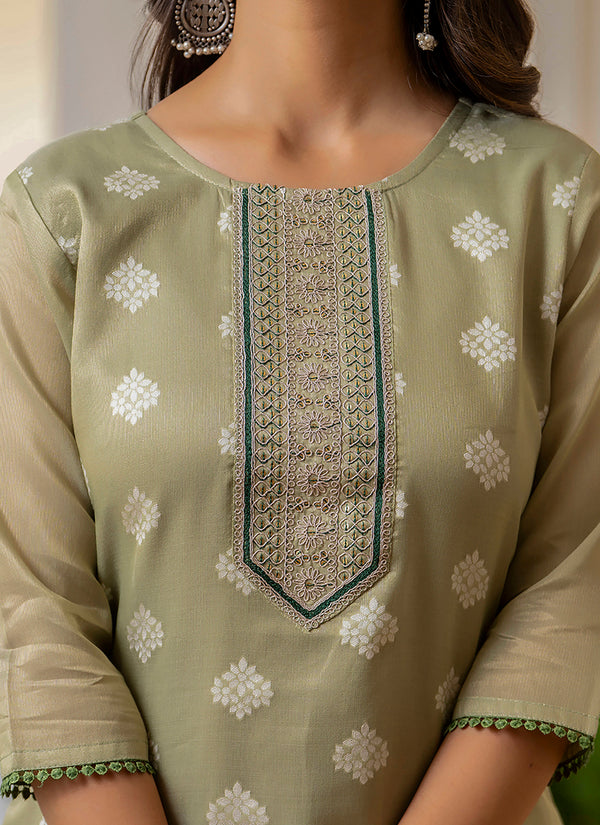 Vellora Shimmer Silk Sage Green Casual Wear Embroidery Work Readymade Kurti