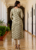 Thumbnail for Vellora Shimmer Silk Sage Green Casual Wear Embroidery Work Readymade Kurti