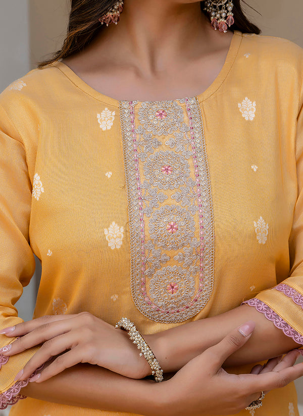 Vellora Shimmer Silk Mustard Casual Wear Embroidery Work Readymade Kurti