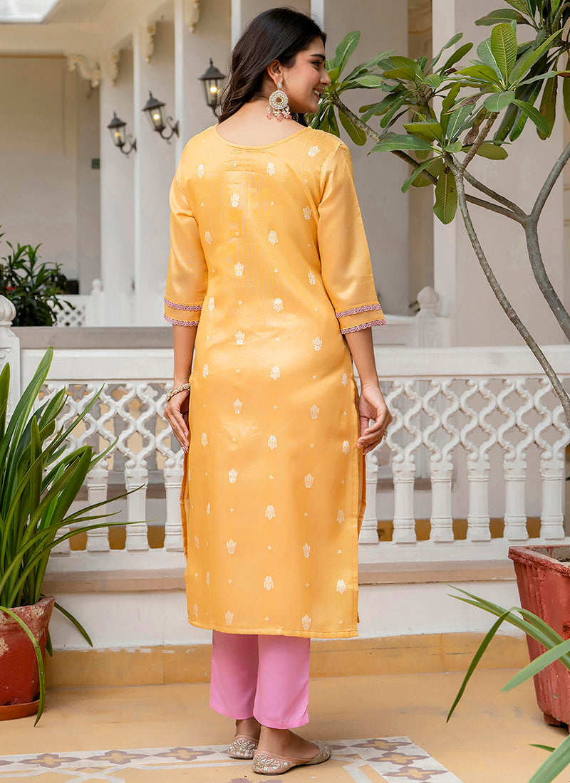 Vellora Shimmer Silk Mustard Casual Wear Embroidery Work Readymade Kurti